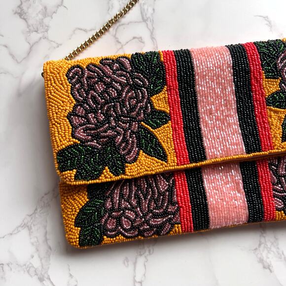Beaded Floral Crossbody Clutch Bag – Pink Yellow Boho Embellished Purse - Picture 4 of 7